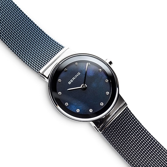 Bering Classic Womens Crystal Accent Blue Mesh Bracelet Watch-10126-307