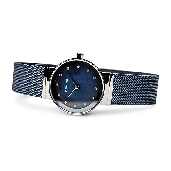 Bering Classic Womens Crystal Accent Blue Mesh Bracelet Watch-10126-307