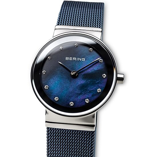 Bering Classic Womens Crystal Accent Blue Mesh Bracelet Watch-10126-307