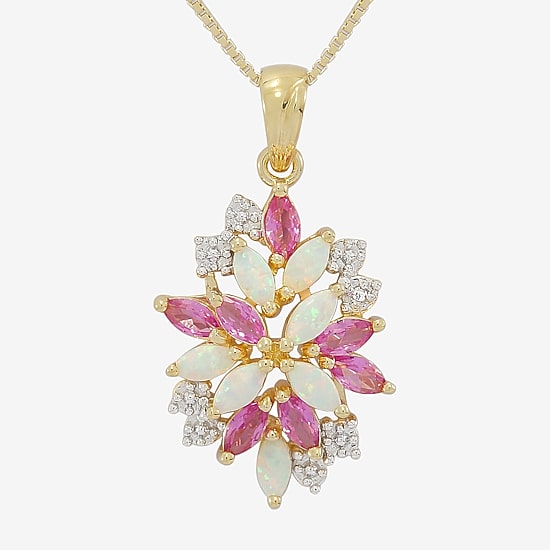 14K Gold Over Silver Lab-Created Opal & Pink and White Lab-Created Sapphire Cluster Pendant Necklace
