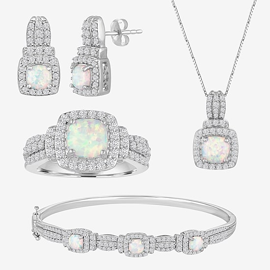 Lab-Created Opal And Cubic Zirconia Pure Silver Over Brass 4Pc Set 