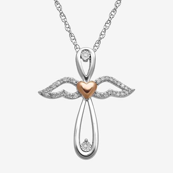 1/10 CT. T.W. Diamond Sterling Silver & 14K Rose Gold over Silver Cross & Angel Pendant Necklace