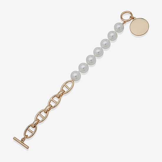 Worthington Gold Tone Half Beaded Toggle Womens 8 Inch Link Chain Bracelet