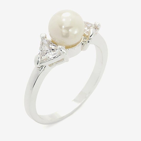 Sparkle Allure Three Stone Womens Simulated Pearl Pure Silver Over Brass Round 3-Stone Side Stone Cocktail Ring