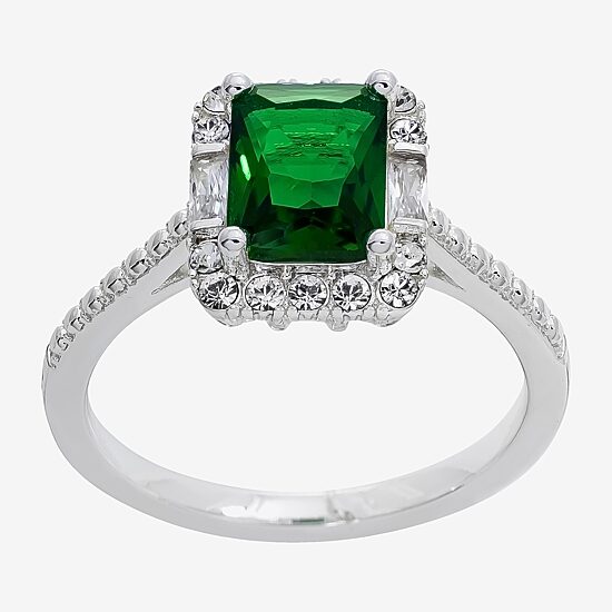 Sparkle Allure Womens Green Crystal Pure Silver Over Brass Halo Engagement Ring
