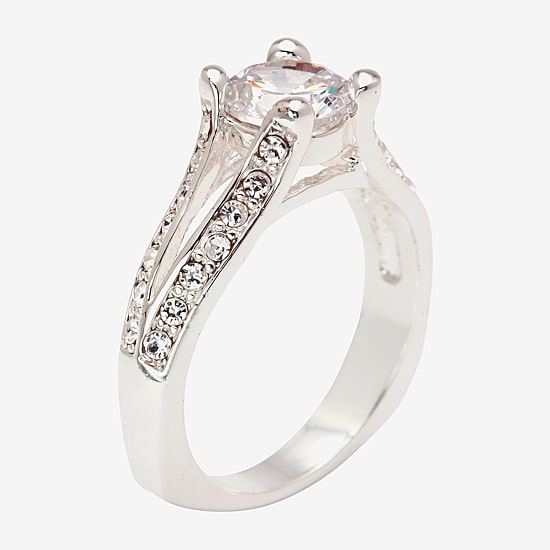 Sparkle Allure Split Shank Solitaire Womens Cubic Zirconia Pure Silver Over Brass Round Solitaire Engagement Ring