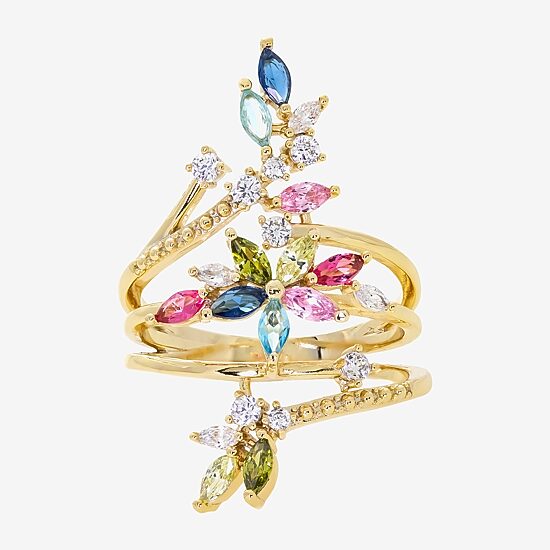 Sparkle Allure Wrap Womens Multi Color Cubic Zirconia 14K Gold Over Brass Flower Bypass  Cocktail Ring