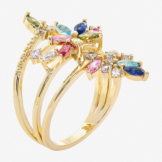 Sparkle Allure Wrap Womens Multi Color Cubic Zirconia 14K Gold Over Brass Flower Bypass  Cocktail Ring