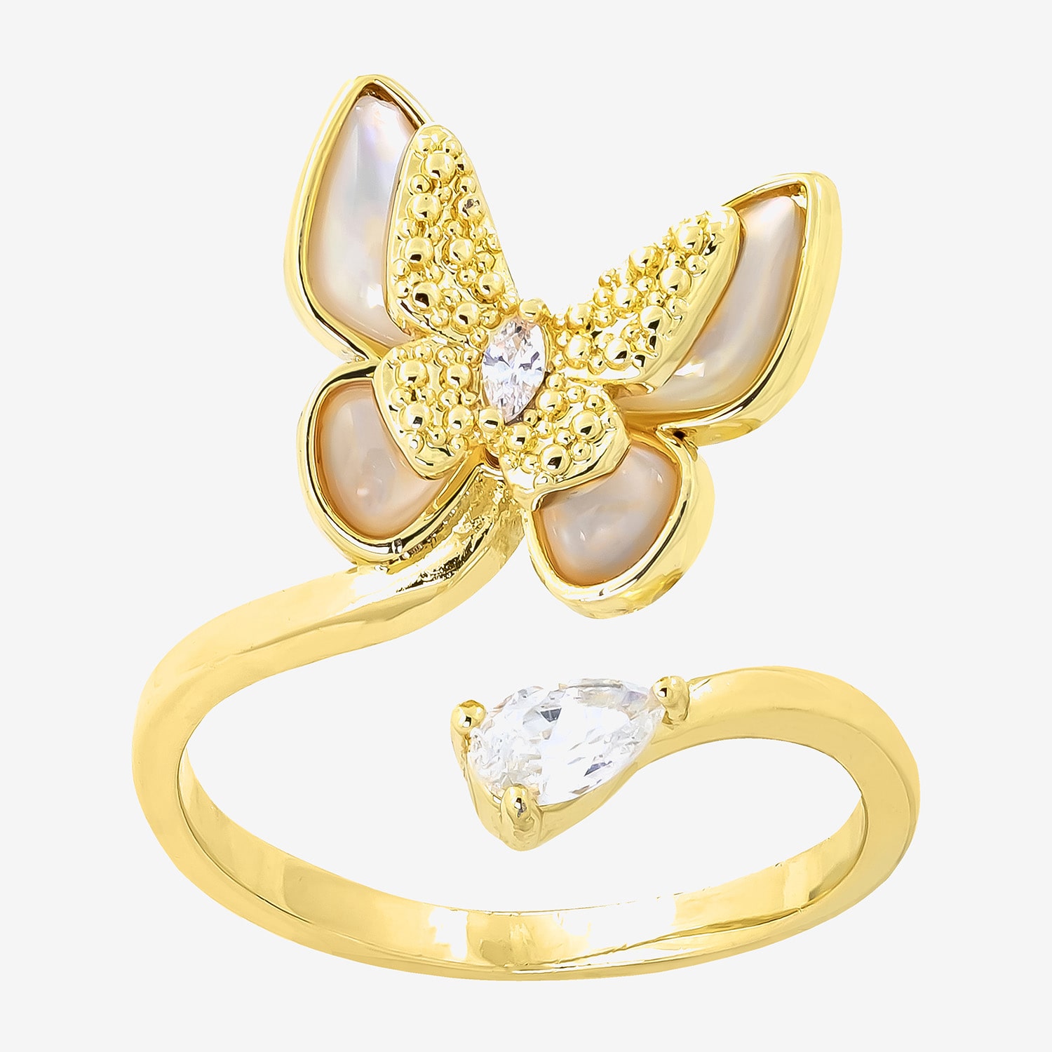 Sparkle Allure Wrap Womens White Mother Of Pearl 14K Gold Over Brass Butterfly Bypass  Cocktail Ring