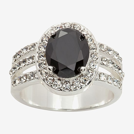 Sparkle Allure Split Shank Womens Black Crystal Pure Silver Over Brass Oval Halo Cocktail Ring