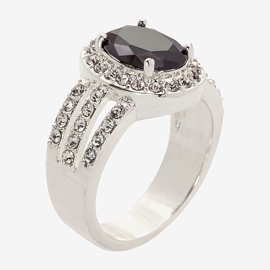 Sparkle Allure Split Shank Womens Black Crystal Pure Silver Over Brass Oval Halo Cocktail Ring