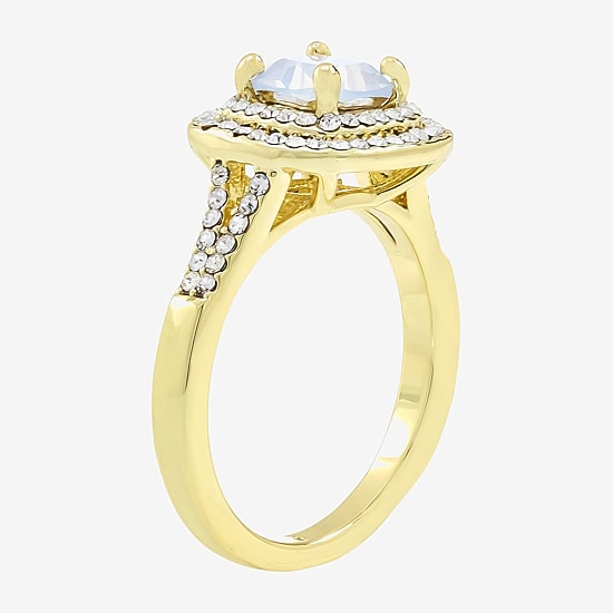 Sparkle Allure Split Shank Womens White Cubic Zirconia 14K Gold Over Brass Cushion Halo Cocktail Ring