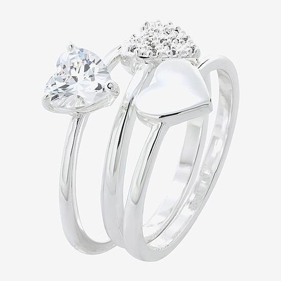 Sparkle Allure Womens Cubic Zirconia Pure Silver Over Brass Heart Delicate Solitaire Ring Set