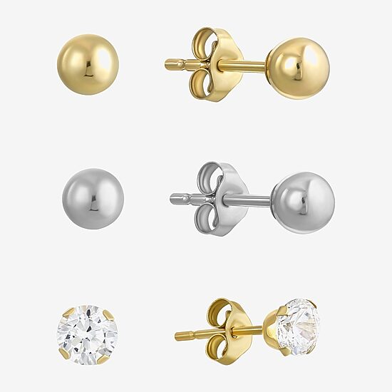 14K Gold Ball 3-Pair Stud Earrings
