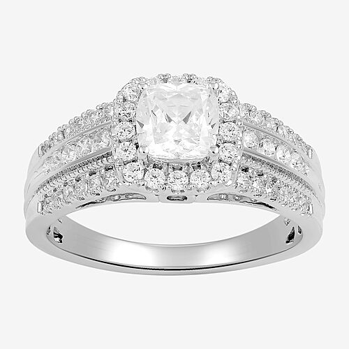 (G / I1) Womens 1 1/2 CT. T.W. Lab Grown White Diamond 10K Gold Cushion Side Stone Halo Engagement Ring, 9, White