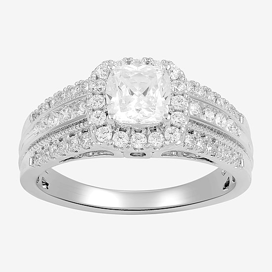 (G / I1) Womens 1 1/2 CT. T.W. Lab Grown White Diamond 10K Gold Cushion Side Stone Halo Engagement Ring