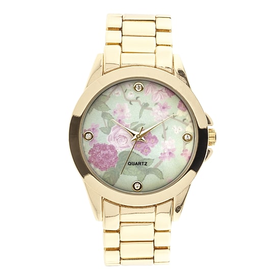 Womens Crystal-Accent Floral Dial Bracelet Watch