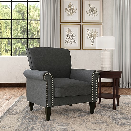 Jean Traditional Rolled Arm Accent Chair with Pewter Nailheads in Linen