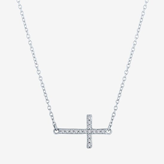 (G-H / Si2-I1) Sideways Womens 1/10 CT. T.W. Lab Grown White Diamond Sterling Silver Cross 18 Inch Pendant Necklace