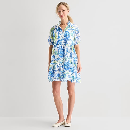 MSK Womens Midi V Neck Short Sleeve Floral Fit + Flare Dress