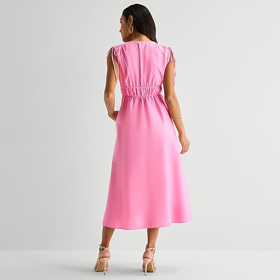 Melonie T Womens Midi V Neck Sleeveless Fit + Flare Dress