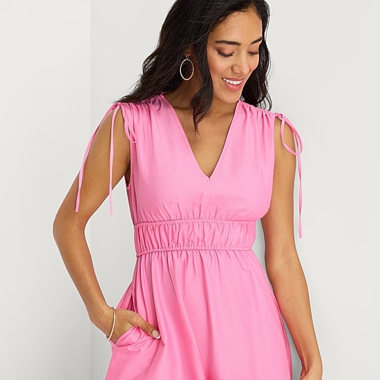 Melonie T Womens Midi V Neck Sleeveless Fit + Flare Dress