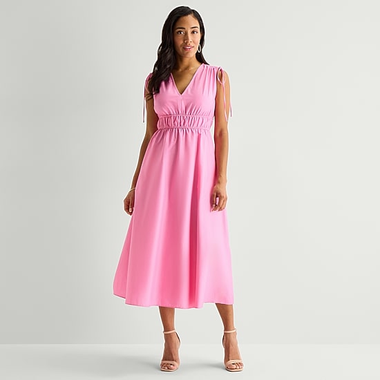 Melonie T Womens Midi V Neck Sleeveless Fit + Flare Dress