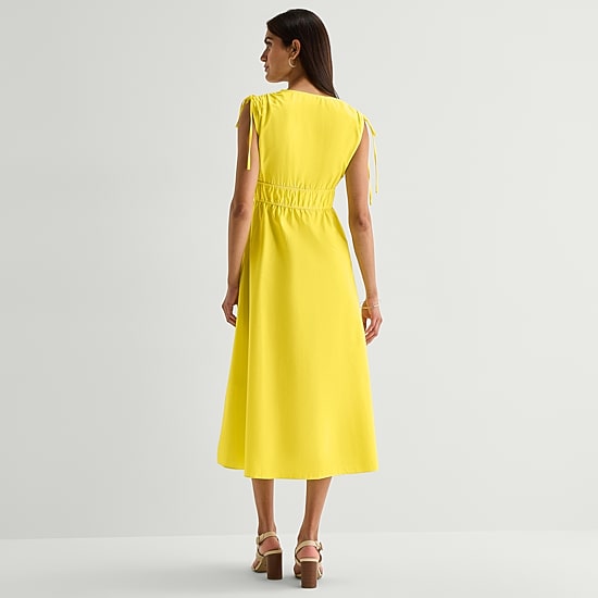 Melonie T Womens Midi V Neck Sleeveless Fit + Flare Dress