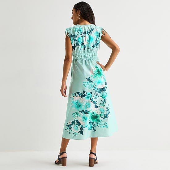 Melonie T Womens Midi V Neck Sleeveless Floral Fit + Flare Dress