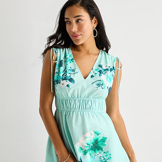 Melonie T Womens Midi V Neck Sleeveless Floral Fit + Flare Dress