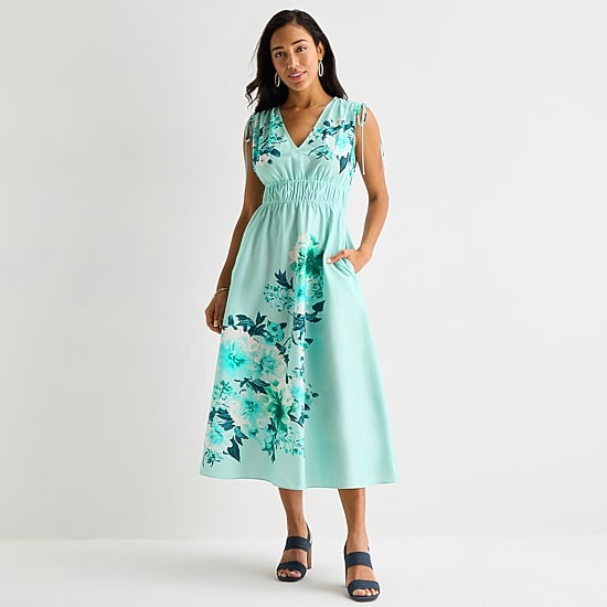 Melonie T Womens Midi V Neck Sleeveless Floral Fit + Flare Dress