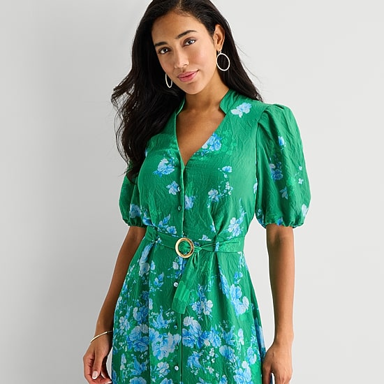 Danny & Nicole Womens Belted Short Sleeve Midi Floral Shirt Dress