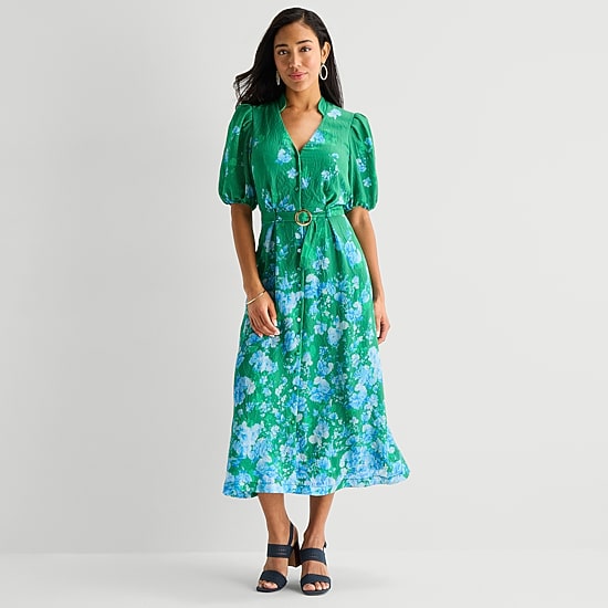 Danny & Nicole Womens Belted Short Sleeve Midi Floral Shirt Dress