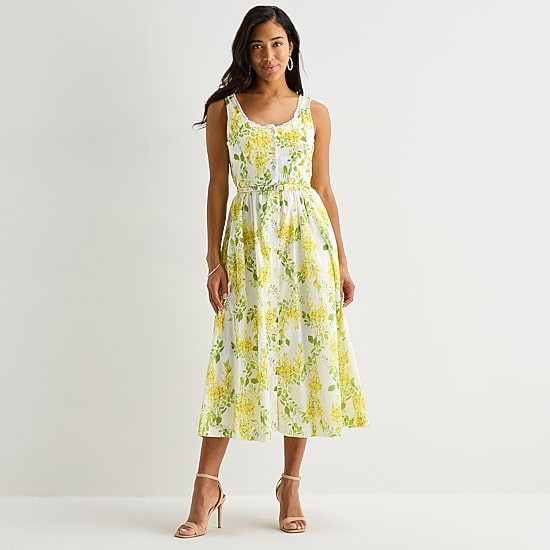 Melonie T Womens Midi U Neck Sleeveless Floral Fit + Flare Dress