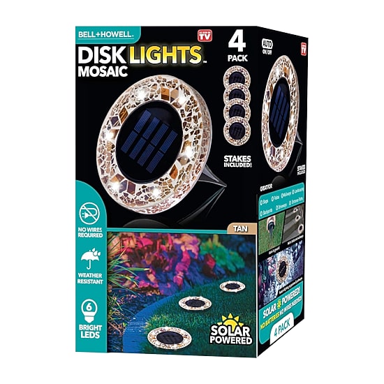 Bell + Howell Solar Powered Mosaic Disk Light with Auto On/Off Lighting and Weatherproof - 4 Pack