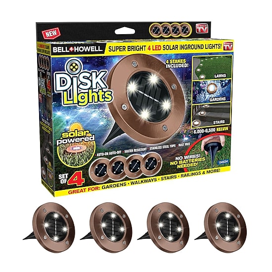 Bell + Howell Solar Powered Outdoor Disk Lights with Auto On/Off Lighting and Weatherproof Rust-Free - 4 Pack