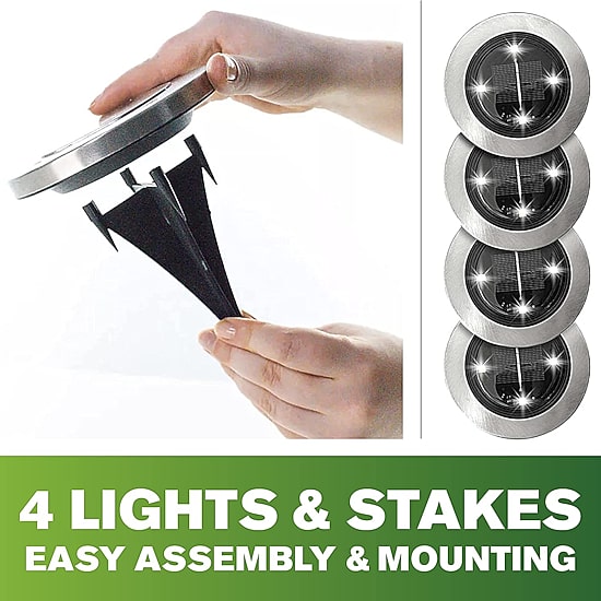 Bell + Howell Solar Powered Outdoor Disk Lights with Auto On/Off Lighting and Weatherproof Rust-Free - 4 Pack