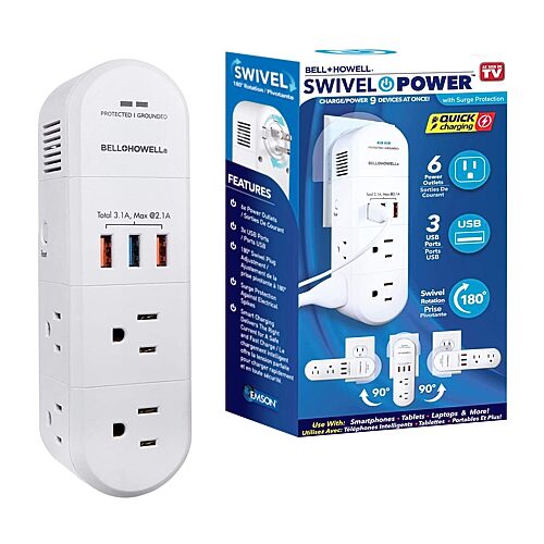 Bell + Howell Swivel Power Rapid Charging Station with 180 Degree Swiveling Design - 6 Outlets and 3 USB Ports, One Size, White