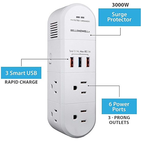 Bell + Howell Swivel Power Rapid Charging Station with 180 Degree Swiveling Design - 6 Outlets and 3 USB Ports