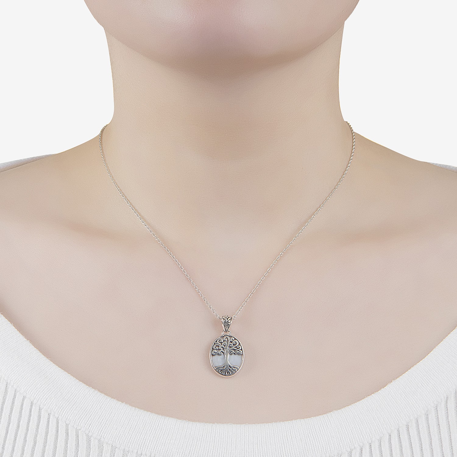 Tree Of Life Womens White Mother Of Pearl Sterling Silver 16 Inch Pendant Necklace