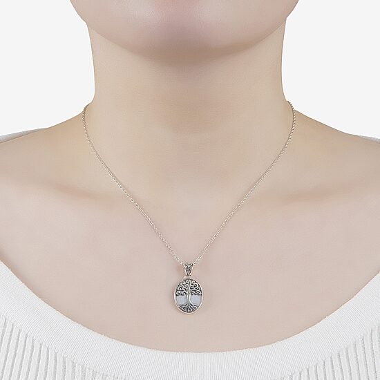 Tree Of Life Womens White Mother Of Pearl Sterling Silver 16 Inch Pendant Necklace