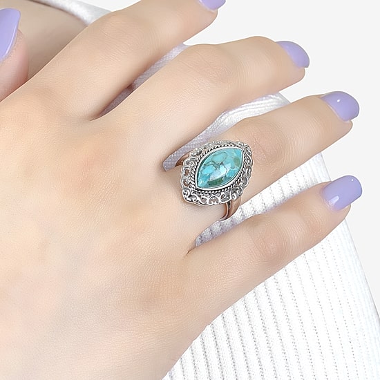 Womens Enhanced Blue Turquoise Sterling Silver Cocktail Ring