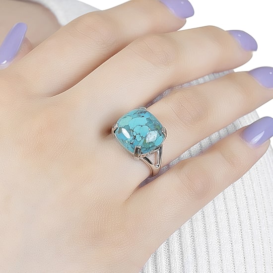 Womens Enhanced Blue Turquoise Sterling Silver Oval Cocktail Ring