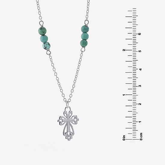 Womens Enhanced Blue Turquoise Sterling Silver Cross Round 16 Inch Pendant Necklace