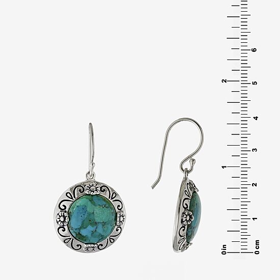 Womens Enhanced Blue Turquoise Sterling Silver Round Drop Earrings
