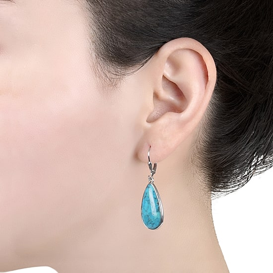 Womens Enhanced Blue Turquoise Sterling Silver Drop Earrings