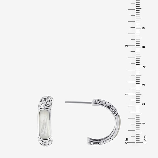 Bali Inspired Womens White Mother Of Pearl Sterling Silver 20.3mm Hoop Earrings