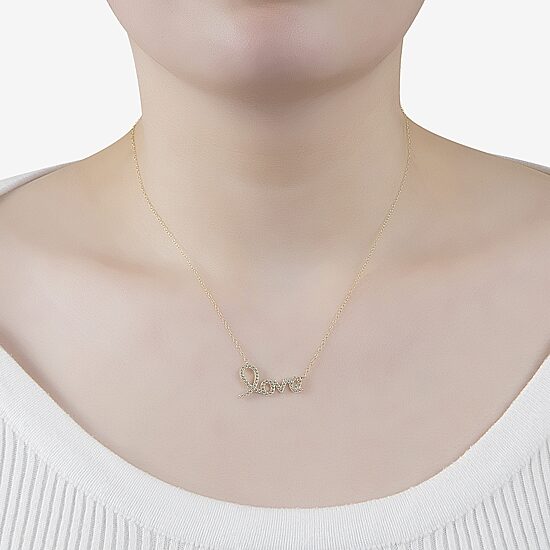 Diamonart "Love" Womens Cubic Zirconia 14K Gold Over Silver 16 Inch Pendant Necklace
