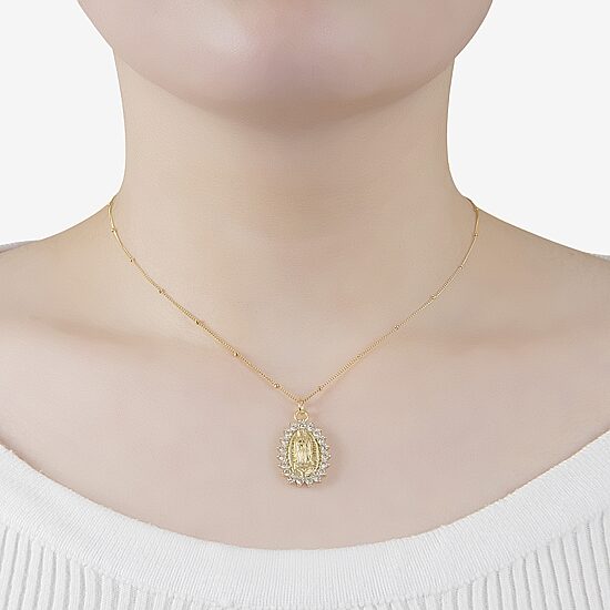 Diamonart Lady Of Guadalupe Womens Cubic Zirconia 14K Gold Over Silver Oval 16 Inch Pendant Necklace