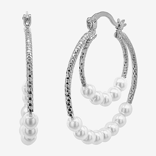 Sparkle Allure Double Row Womens White Simulated Pearl 35mm Hypoallergenic Hoop Earrings